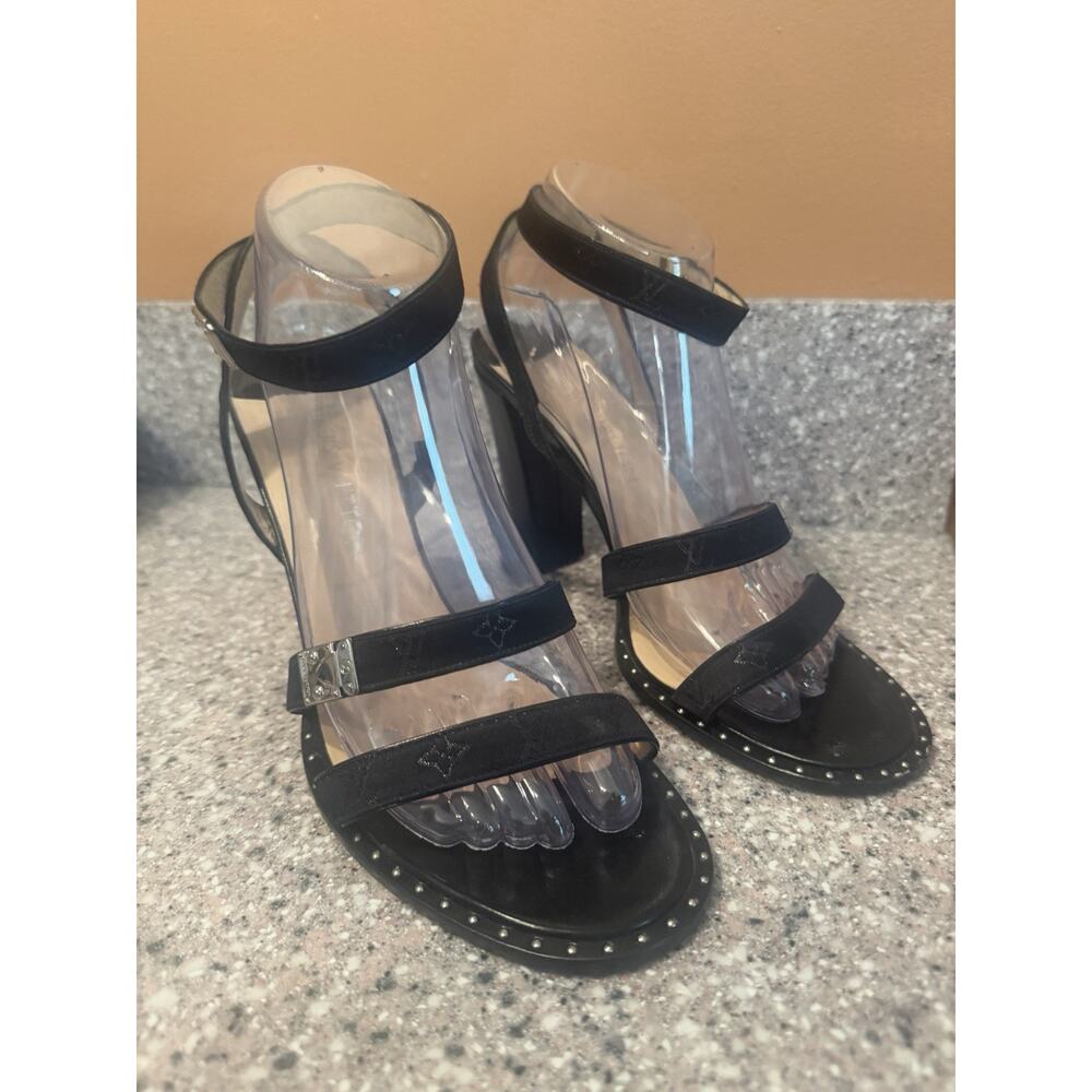 Louis Vuitton Strappy Monogram Satin Sparkle Leather Block Heel Sandals EU 39.5 - Picture 5 of 16